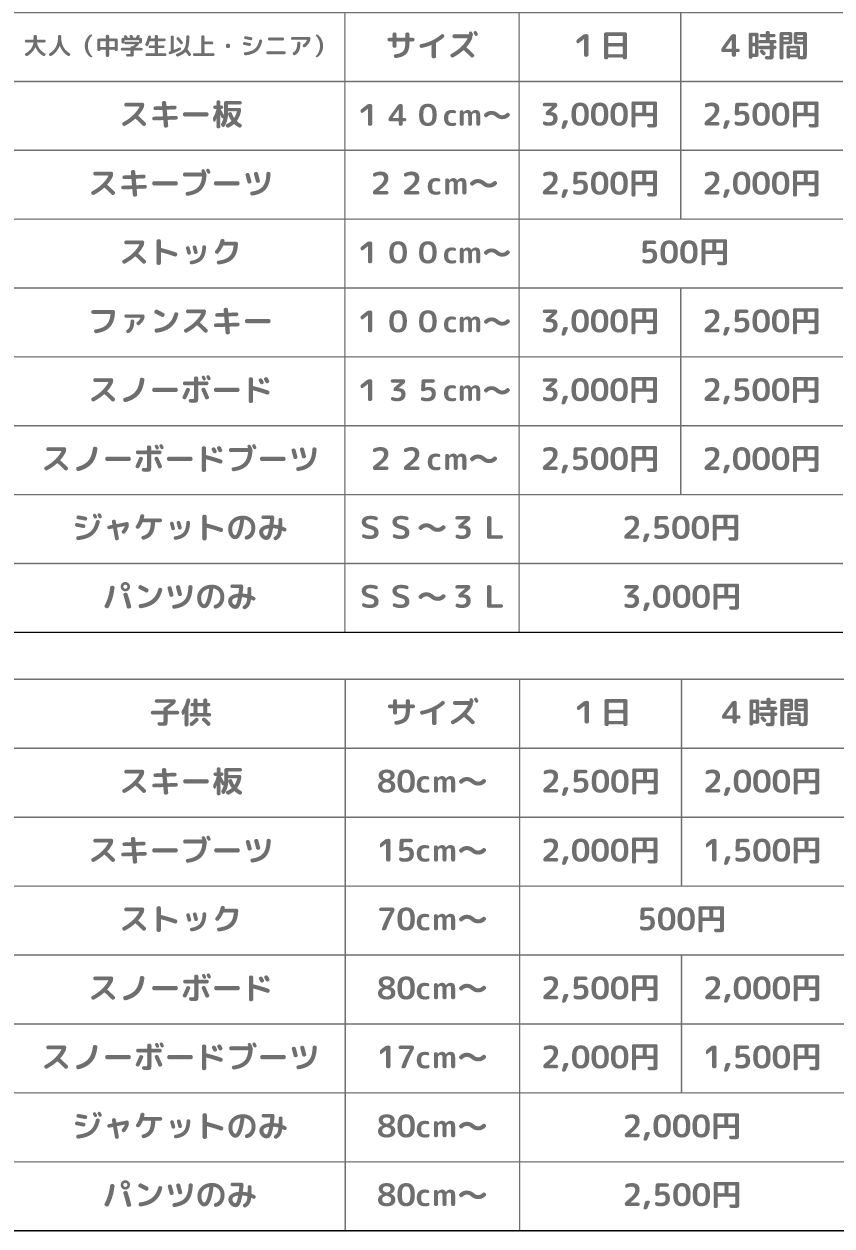 スキー・スノーボード単品料金